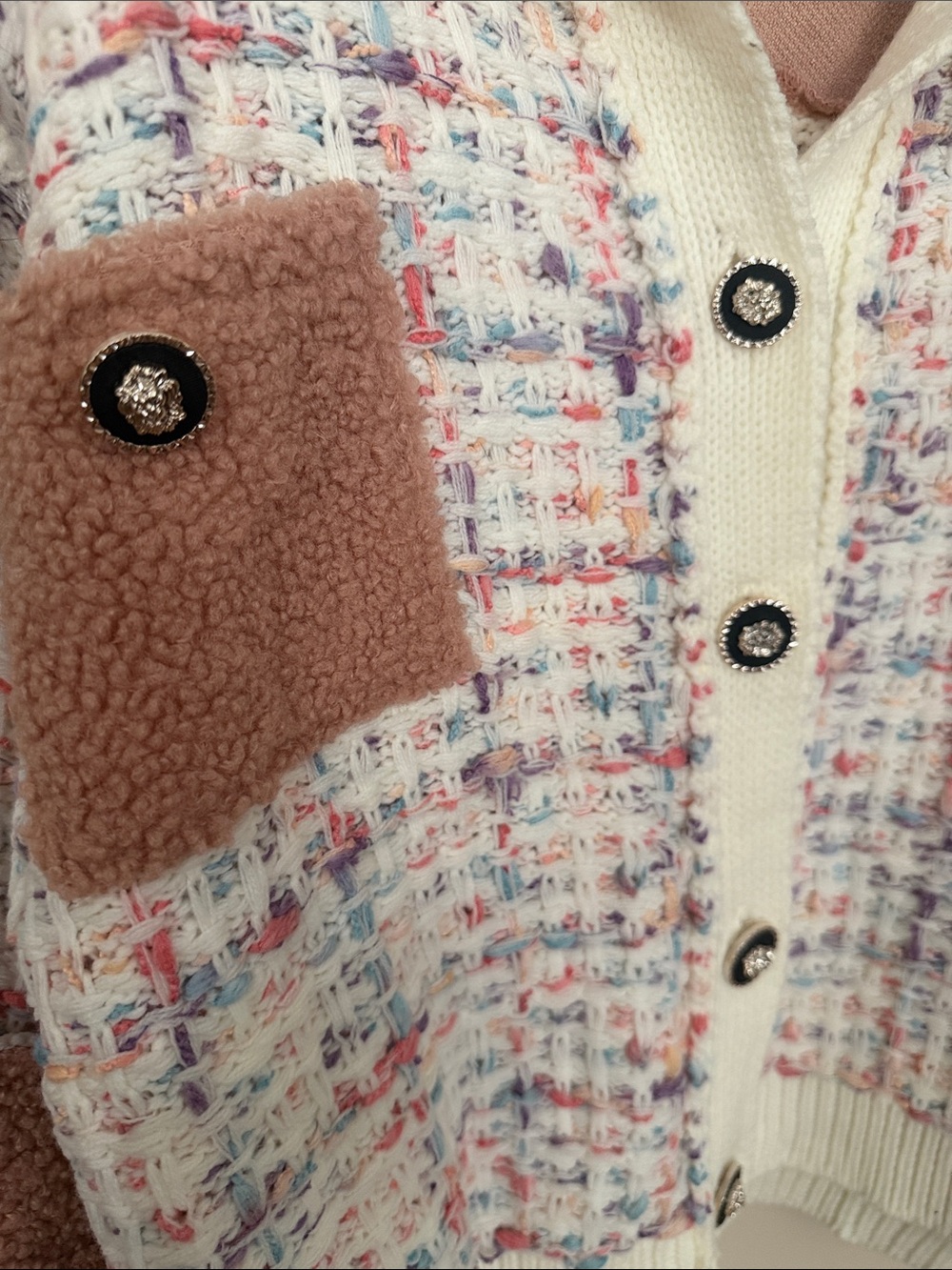 POL Cream and Pink Multi Tweed Button Front Cardigan - Picture 3 of 6